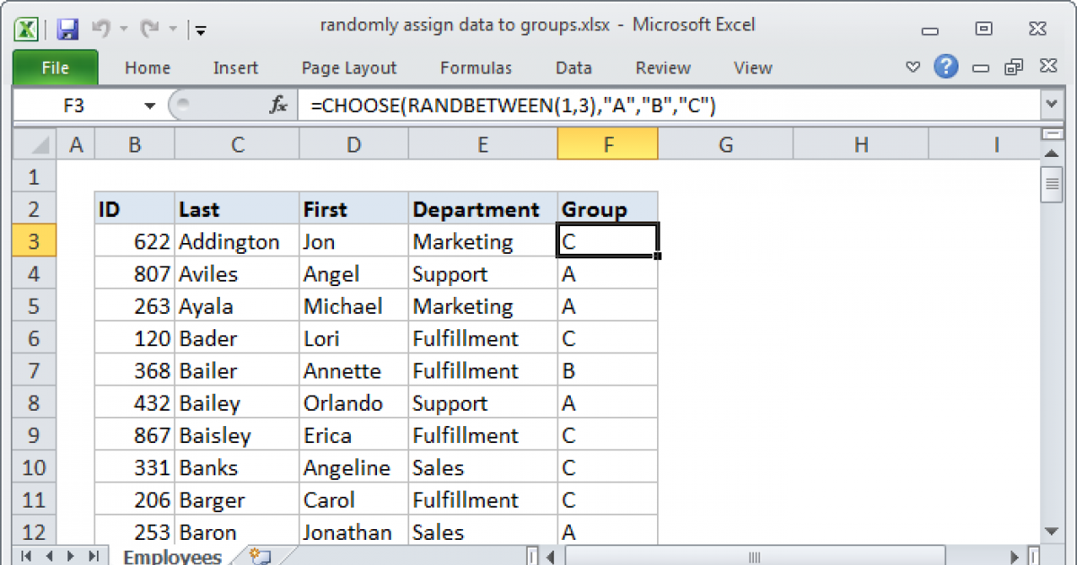 random assignment equal groups excel